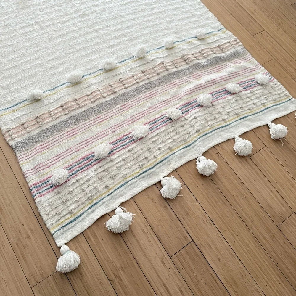 Boho Woven Tassels Fringe Pink Multi Stripe Chunky Throw Blanket
